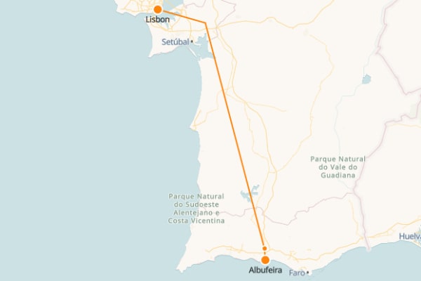 Mapa del tren de Albufeira a Lisboa