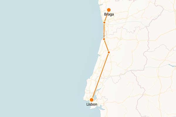 Mapa del tren de Braga a Lisboa