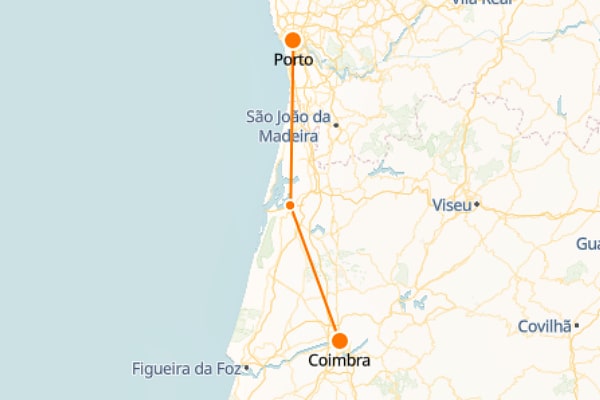 Mapa del tren Coimbra - Oporto