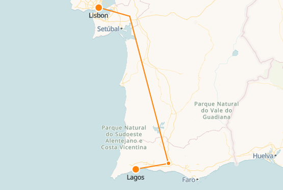 Mapa del tren de Lisboa a Lagos