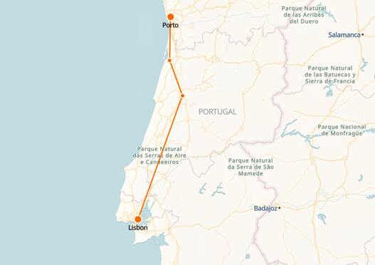 Mapa del tren de Lisboa a Oporto