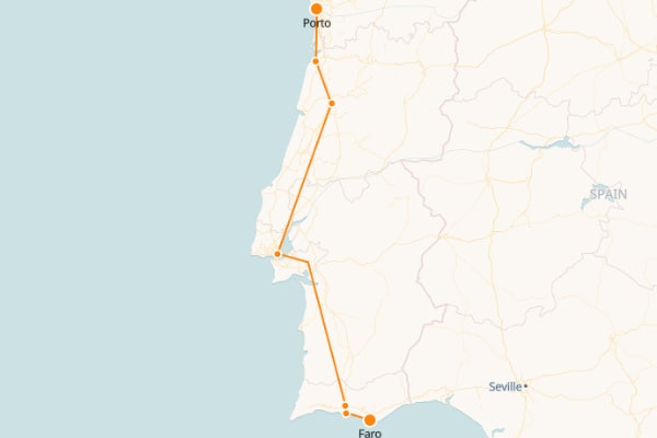 Mapa del tren de Faro a Oporto