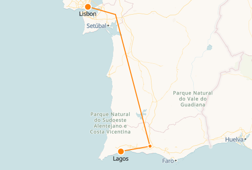 Mapa del tren de Lagos a Lisboa